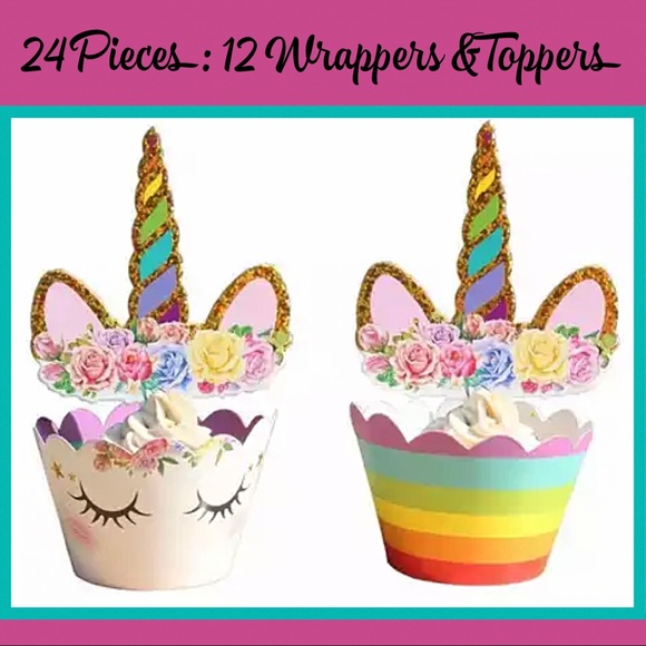 Unicorn & Rainbow Cupcake Toppers & Wrappers NWT - Picture 6 of 7